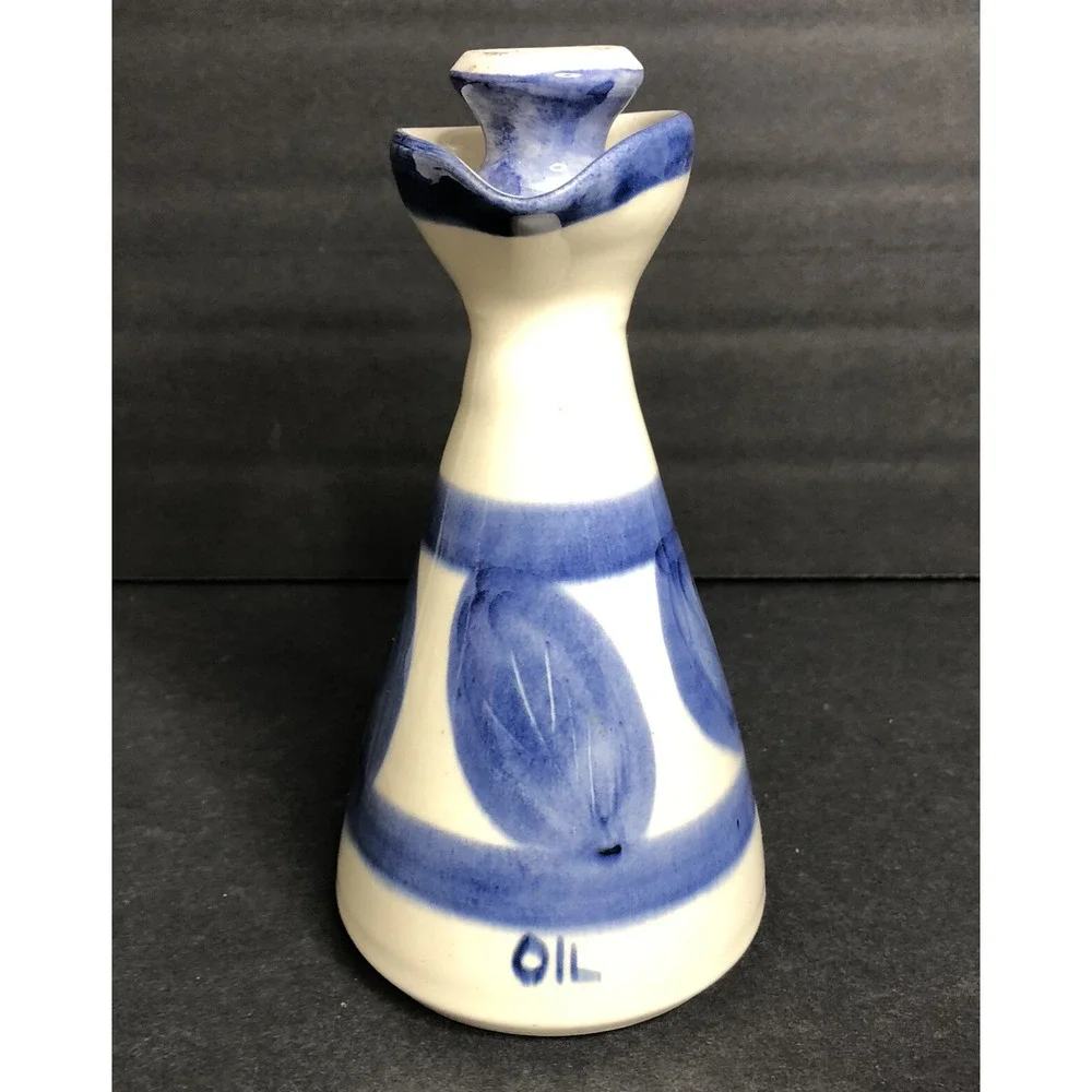 Corfu Pottery Vinegar & Oil Bottles Hand Made Blue and White Leaf Design READ
